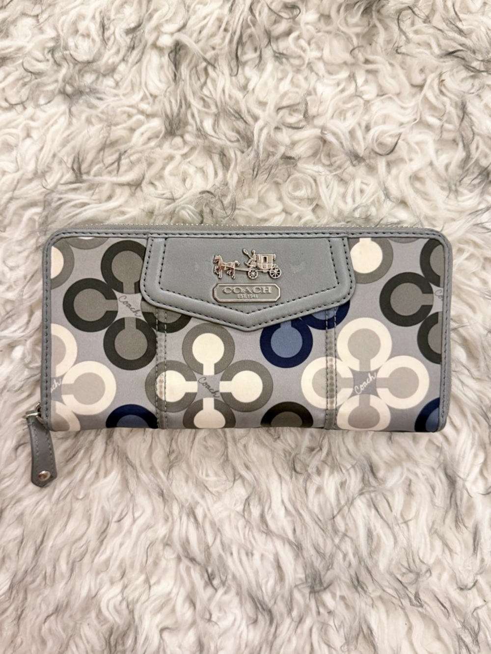 Coach Gray Blue Monogram Zip Around Wallet